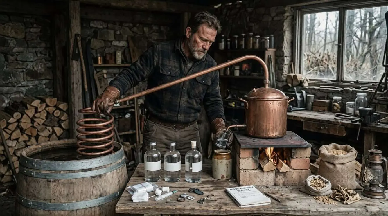 In Mann, der in seiner Werkstatt eine Destillations-Anlage aufgestellt hat und eigenständig DIY Alkohol herstellt. Dieser dient als medizinische Ressource, als Tauschware und als Genussmittel in Krisenzeiten.