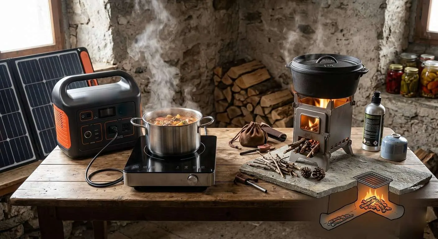 Mehrere alternative Möglichkeiten zum Erwärmen und Kochen von Nahrungsmitteln stehen auf einem Tisch und verdeutlichen die vielen Möglichkeiten, sich eine alternative Kochstelle für Krisenlagen einzurichten.