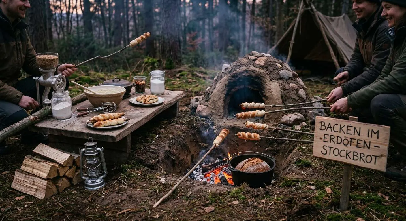 Mehrere Menschen an einem Lagerfeuer halten Spieße mit Stockbrot über die Glut des feuers, ein Lehmofen und ein Dutch Oven sind auch zu sehen. Ein Mann sitzt an einem improvisierten Tisch auf dem schon fertige Backwaren auf den Verzehr warten.