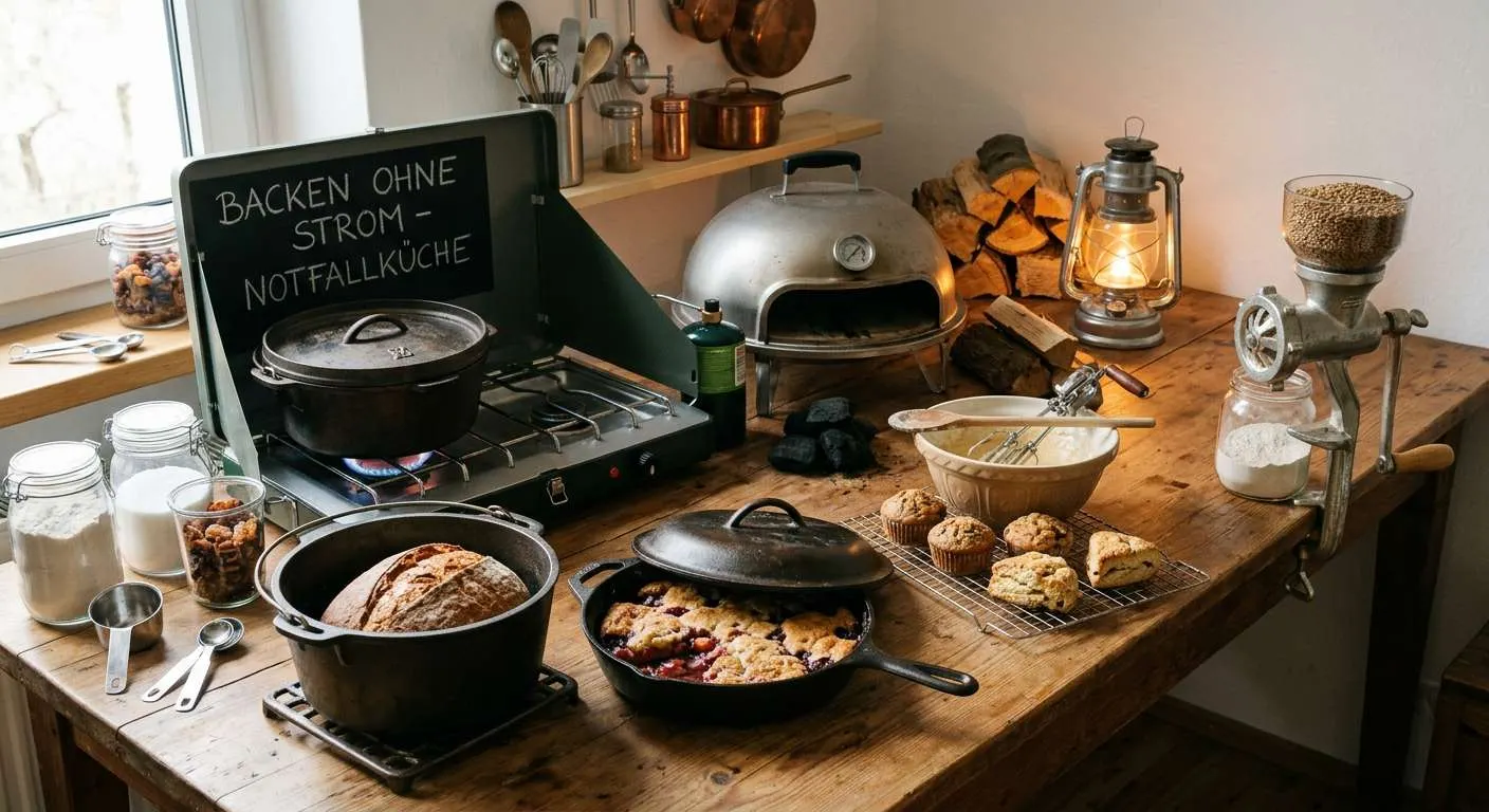 Ein gedeckter Tisch mit verschiedenen Hilfsmitteln und Zutaten zum Backen in Krisenzeiten.