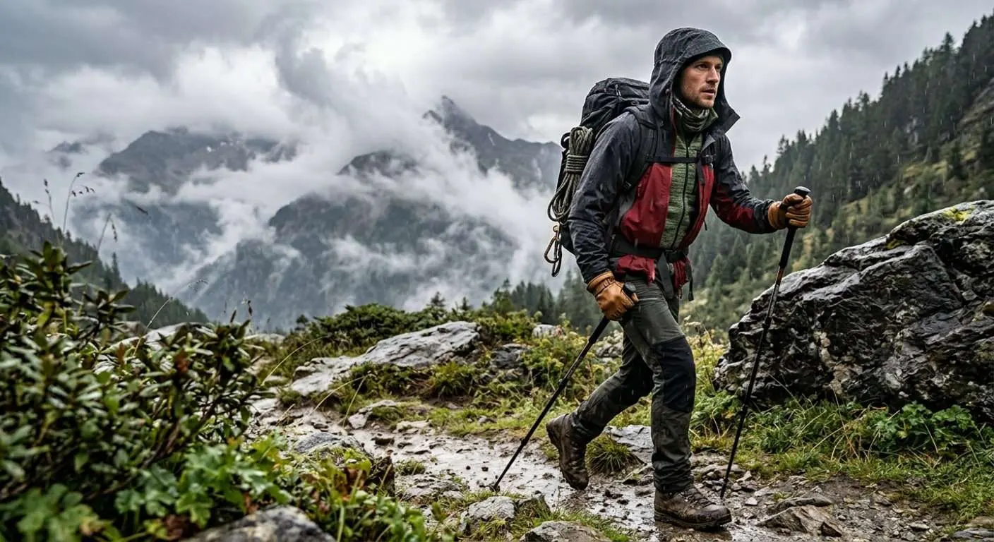 Ein Wanderer auf Tour in der Wildnis mit entsprechend taktisch ausgewählter Bekleidung für den individuellen Einsatz. Mehrere Kleidungsschichten, taktisch ausgewählte Materialien und Funktionen, sowie Robustheit und Bequemlichkeit.