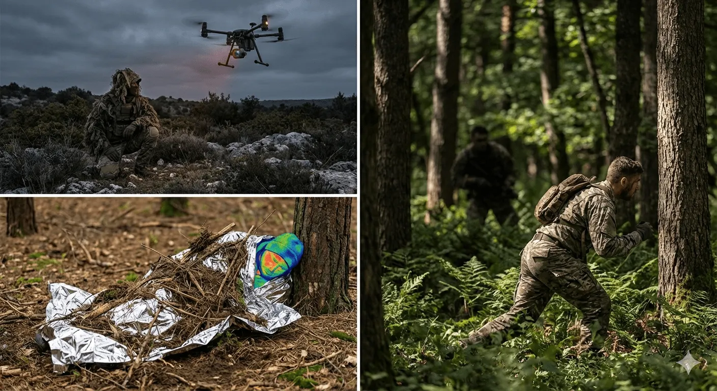 Drohnen-Abwehr, Taktische Bewegung, Thermische Tarnung, Survival Strategien, Wärmebildkamera täuschen, IR-Schutz, Überleben im Gelände, KI-Überwachung, Krisenvorsorge, Prepping, Tarnung gegen Drohnen.