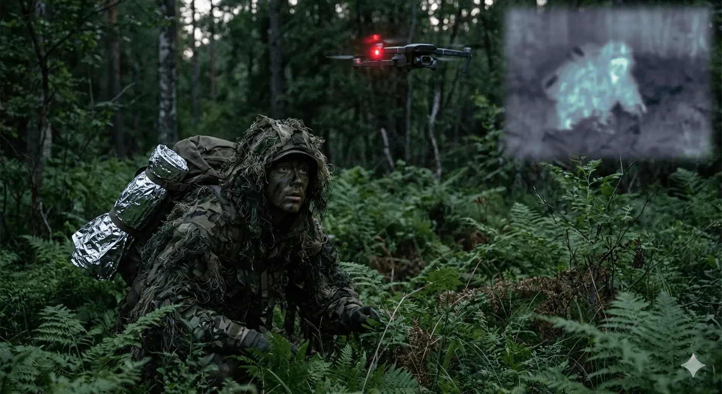 Drohnen-Abwehr, Taktische Bewegung, Thermische Tarnung, Survival Strategien, Wärmebildkamera täuschen, IR-Schutz, Überleben im Gelände, KI-Überwachung, Krisenvorsorge, Prepping, Tarnung gegen Drohnen.
