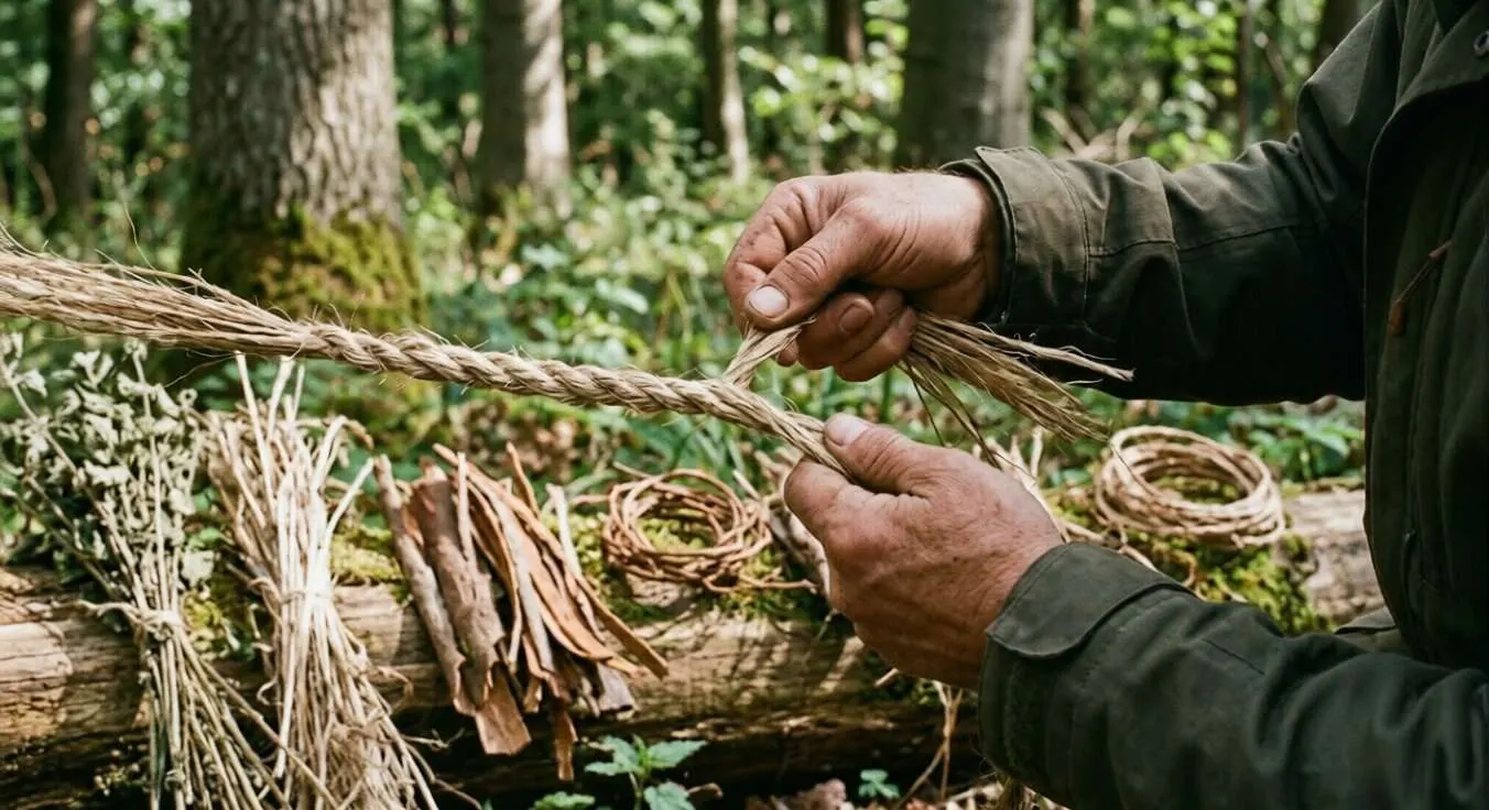 Ein Mann verzwirnt aus der Natur gewonnene Rohfasern zu einer stabilen Schnur.