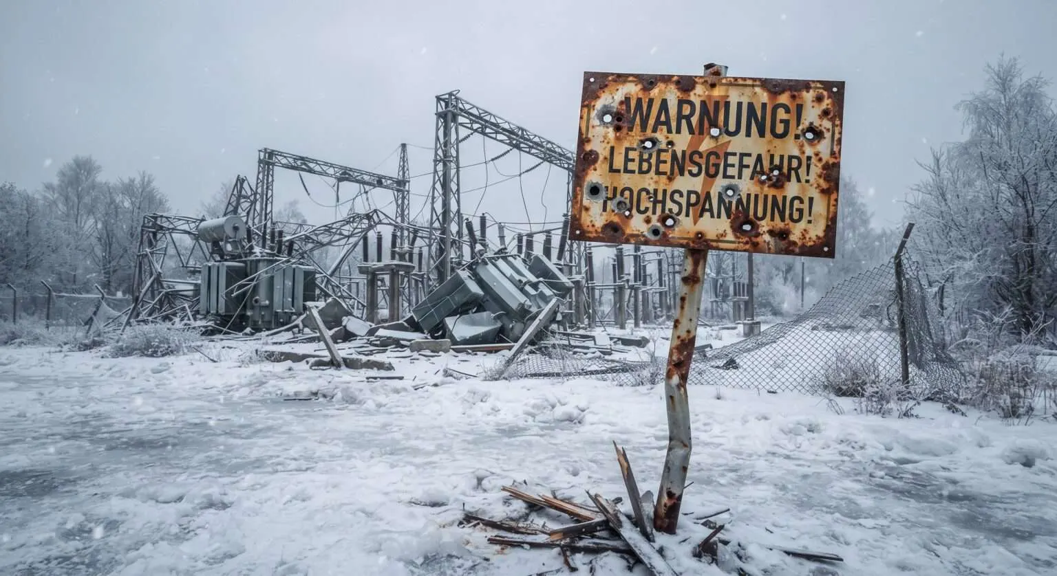 Ein Warnschild mit der Aufschrift "Warnung Hochspannung Lebensgefahr" steht verbeult und voller Einschusslöcher in einer verschneiten Landschaft. Dahinter ist ein vor längerer Zeit vernichtetes Umspannwerk zu sehen, dessen Zerstörung den Blackout eingeläutete.