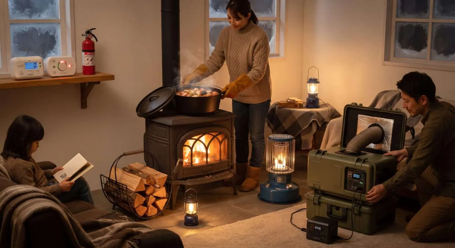 Eine Familie im Winter bei sich Zuhause. Die Mutter kocht auf einem Holzofen/ Kaminofen Kartoffeln. Der Vater wartet eine Dieselheizung und die Tochter genießt die Wärme und liest ein Buch.