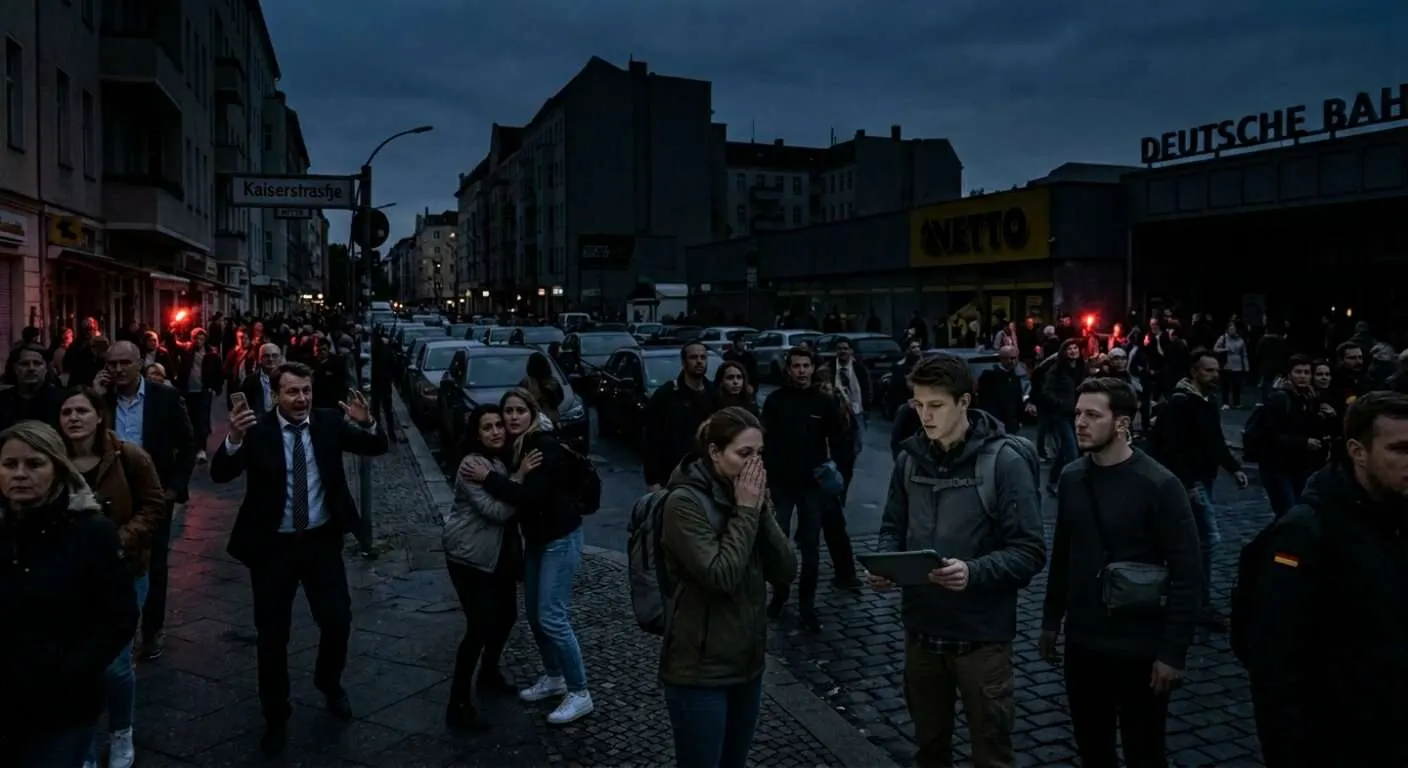 Viele Menschen auf einer belebten Straße, als plötzlich der Strom ausfällt und alles dunkel wird. Einige sind gut vorbereitet, andere wirken panisch und verunsichert.