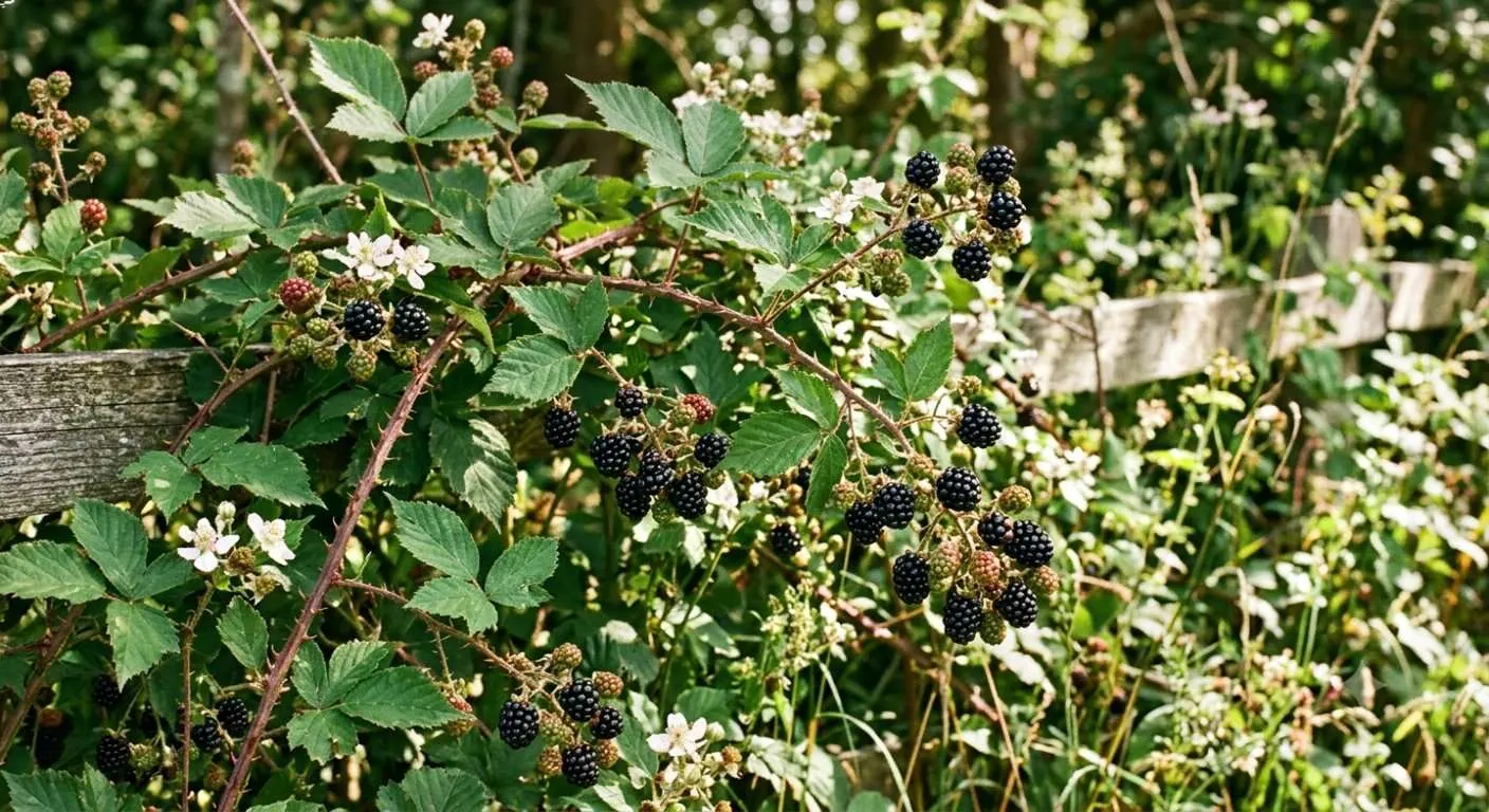 Die Brombeere ist allseits bekannt mit ihren schwarzen Beerenfrüchten und den typischen Blättern, die man auch im Winter an den dornigen Ranken noch gut erkennen kann.