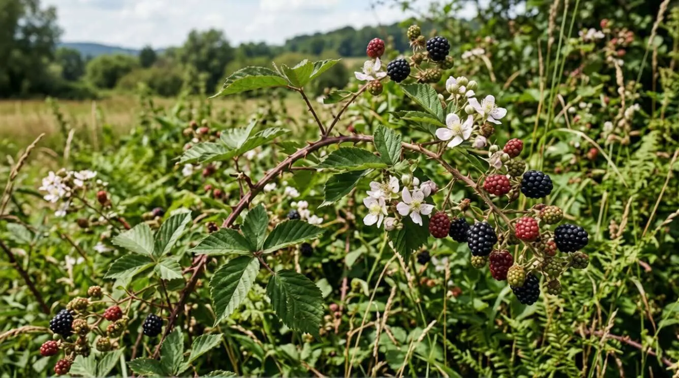 Eine Ki erstellte Variante, die den ganzen Blüte und Fruchtzyklus veranschaulicht, also sehen wir hier Blüten, Knospen und vollreife Früchte der Brombeere.