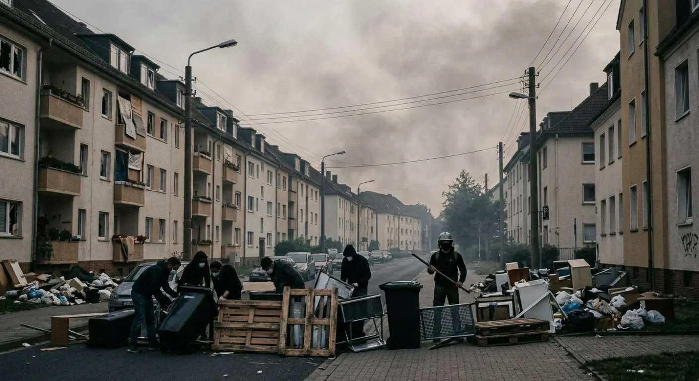 Die Unruhen weiten sich aus und nirgends ist es mehr sicher: Menschen errichten Barrikaden auf Straßen, um ihre Wohnviertel abzugrenzen und richten Wachposten ein. Die Personen im Bild sind mit Sicherheitsausrüstung und Helmen, sowie der Bereitschaft sich zu verteidigen auf das Schlimmste vorbereitet.