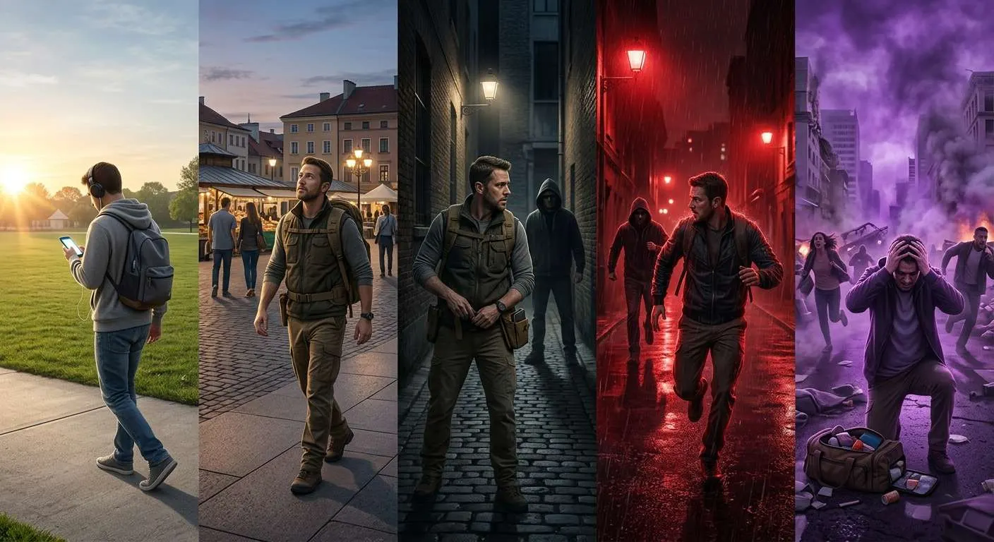 Der Cooper Color Code in einem fünfteiligen Bild gezeigt. Stufe weiß, zeigt den Alltagszustand der meisten Menschen, arglos, unachtsam, kein Gefahrenbewusstsein. Stufe 2 (gelb) nicht angespannt, aber jederzeit bereit, aufmerksam. Stufe 3 (orange), erhöhte Wachsamkeit, mögliche Gefahrenquellen identifiziert, mental und körperlich bereit. Stufe 4 (rot) handlungszwang, sofortige Aktion, Gefahr ist erkannt und präsent, hohe Konzentration, Aufmerksamkeit. Stufe 5 (lila) Kontrollverlust, psychischer Ausnahmezustand, klares Denken und Handeln nahezu unmöglich. Den letzten Zustand gilt es durch Training und Vorbereitung möglichst zu vermeiden.