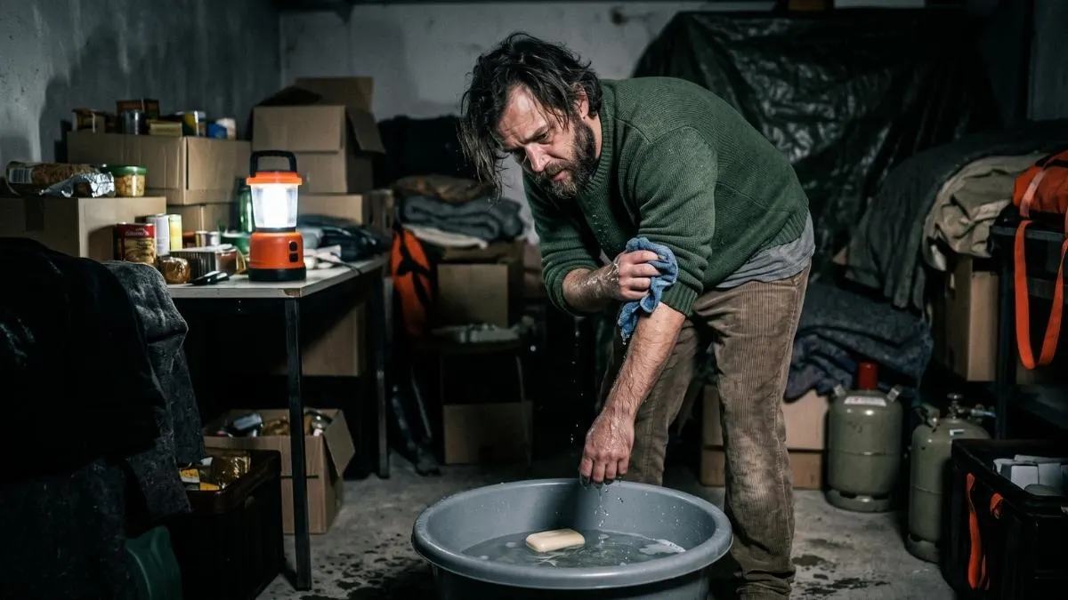 Ein Mann wäscht sich an einer Wasserschüssel in seinem Lager im Wald Krisenvorbereitung Survival Hygiene