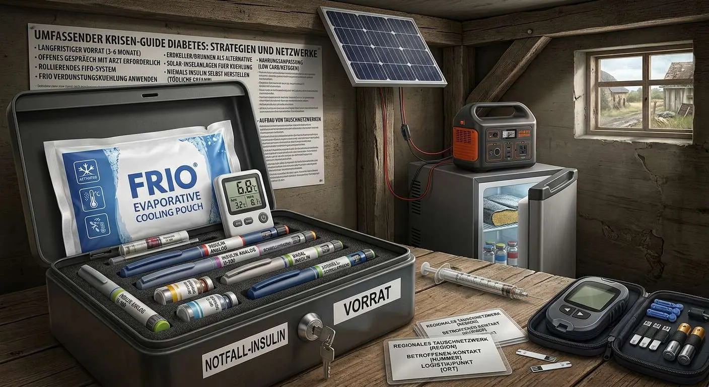 Eine Box gefüllt mit Insulin und Ausrüstung für Diabetiker auf einem Tisch. Im Hintergrund ist ein Notfallprotokoll und Handlungsplan für Diabetiker an der Wand zu sehen. Auch ein Kühlschrank steht in der Ecke des Raumes, der über eine Solar-Powerstation autark mit Strom zur Kühlung des Insulins versorgt wird.
