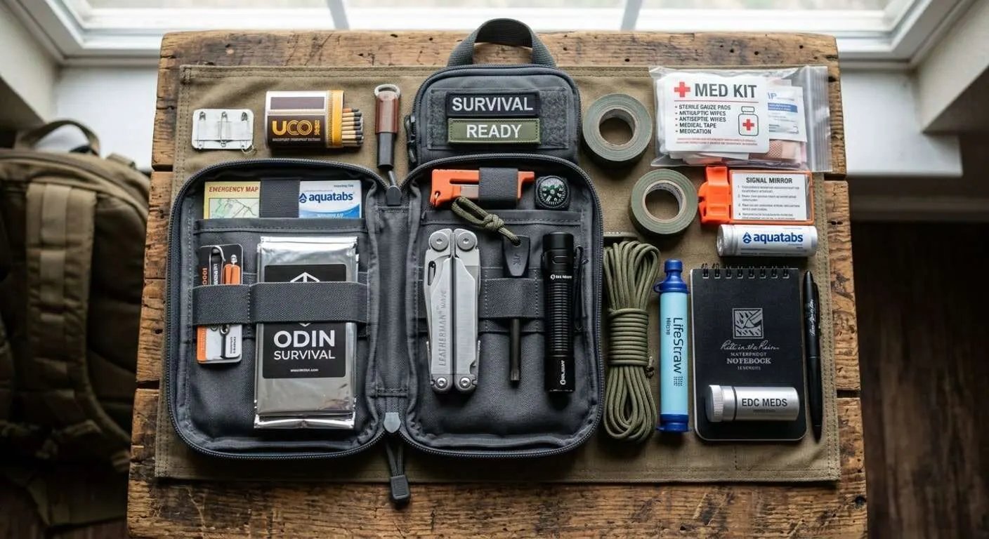 Ein etwas umfangreicheres EDC Survival Kit, ideal für die Mitnahme im Auto, oder am Fahrrad, für unterwegs seitlich am Rucksack oder auch am Gürtel getragen eine Allround Lösung.