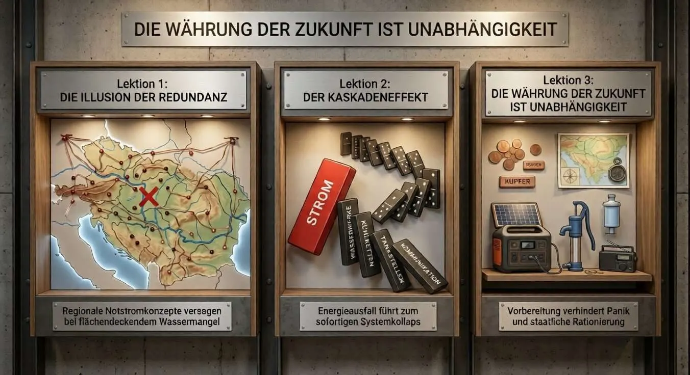 Unabhängigkeit ist die Währung der Zukunft. Das Bild illustriert in drei Teilen zunächst die Illusion der Sicherheit, den Kaskadeneffekt des Zusammenbrechens der Infrastruktur bei Ausfall einzelner Faktoren und dann die einige richtige Lösung, sich souverän und unabhängig von der vermeintlichen Sicherheit zu machen und selbst vorzusorgen