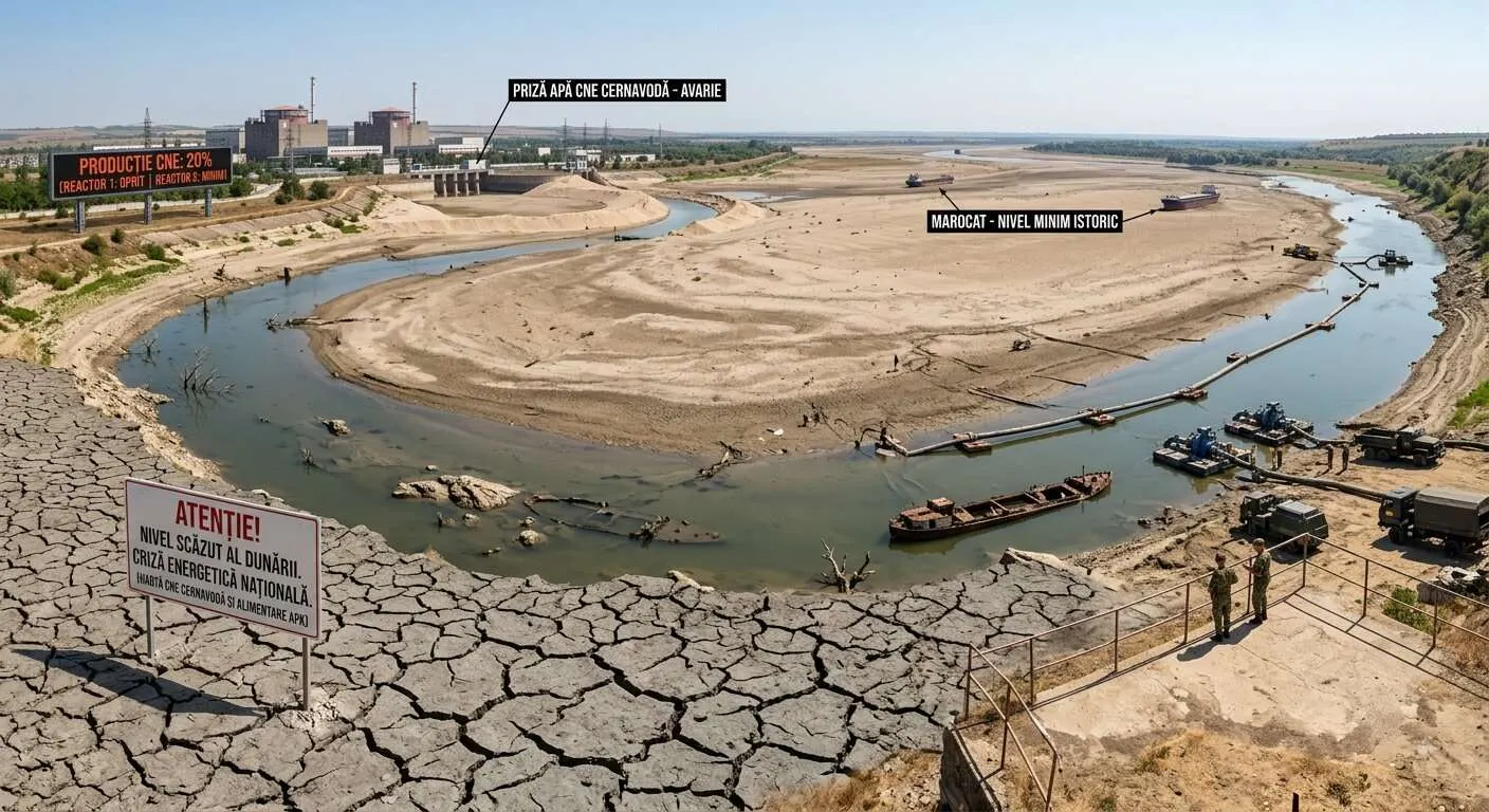 Eine Flussbiegung entlang des Atomkraftwerks Cernavoda in Rumänien. Deutlich zu erkennen ist der niedrige Wasserpegel der Donau aufgrund der langanhaltenden Trockenheit bzw. historischen Dürre.