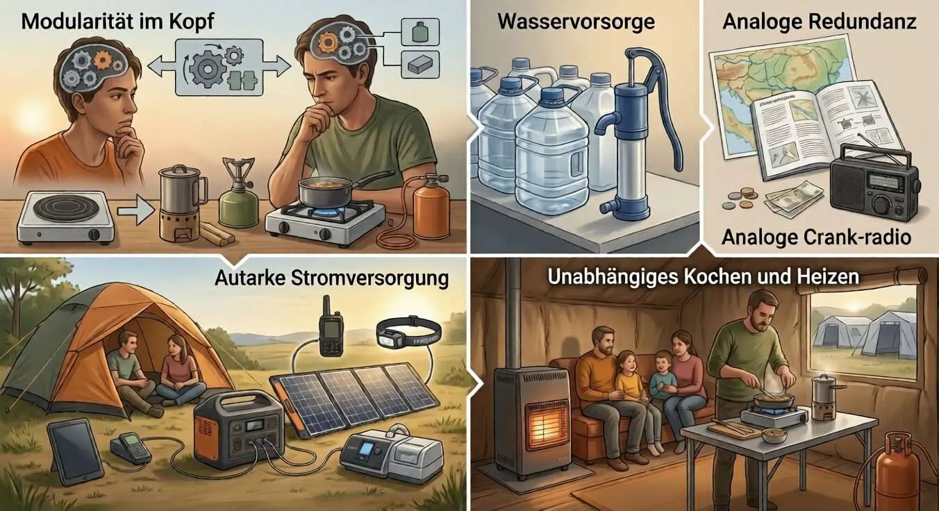 Die wichtigsten Aspekte zur Erlangung von Unabhängigkeit hinsichtlich möglicher Energiekrisen und ihren Auswirkungen in einem mehrteiligen Bild illustriert. Mindset, Wasserversorgung, Energieversorgung, Vorräte und Unabhängigkeit