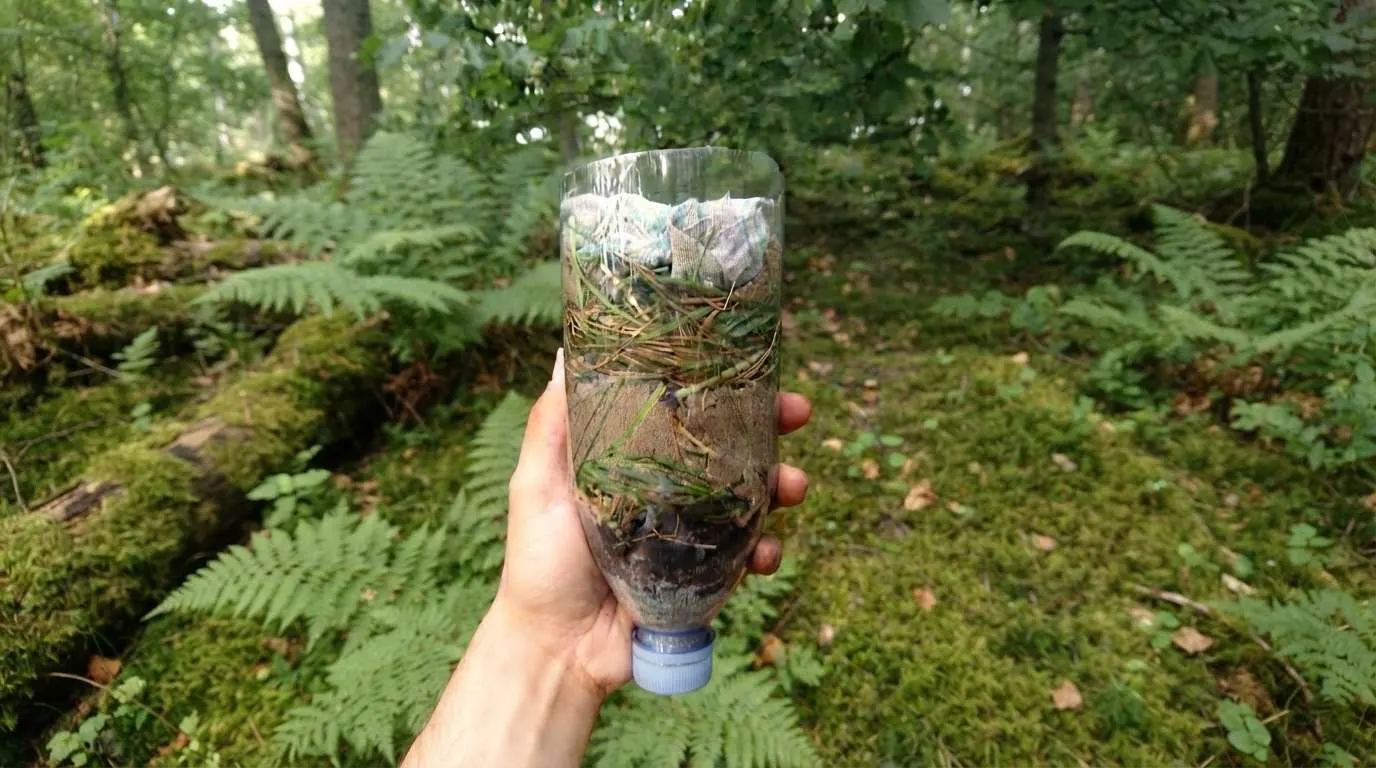 Ein improvisierter Wasserfilter aus einer PET Flasche. Als Filtermedien dienen Gras, Sand, Kies, Holzkohle und Stoff.