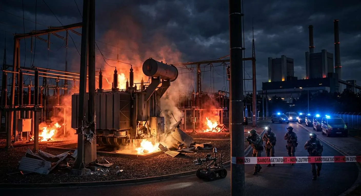 Ein in Brand gesetztes Umspannwerk. Sabotage des Stromnetzes wird immer häufiger. Eine Spezialeinheit der Polizei durchkämmt das Gelände.