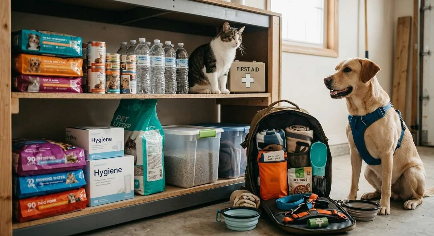 Ein Regal in welchem ein Nahrungs, Wasser und Ausrüstungsvorrat für Haustiere zu sehen sind. Außerdem sitzt im Regal eine Katze. Ihr Gegenüber sitzt ein Hund vor einem aufgeklappten Notgepäck für 72 h.