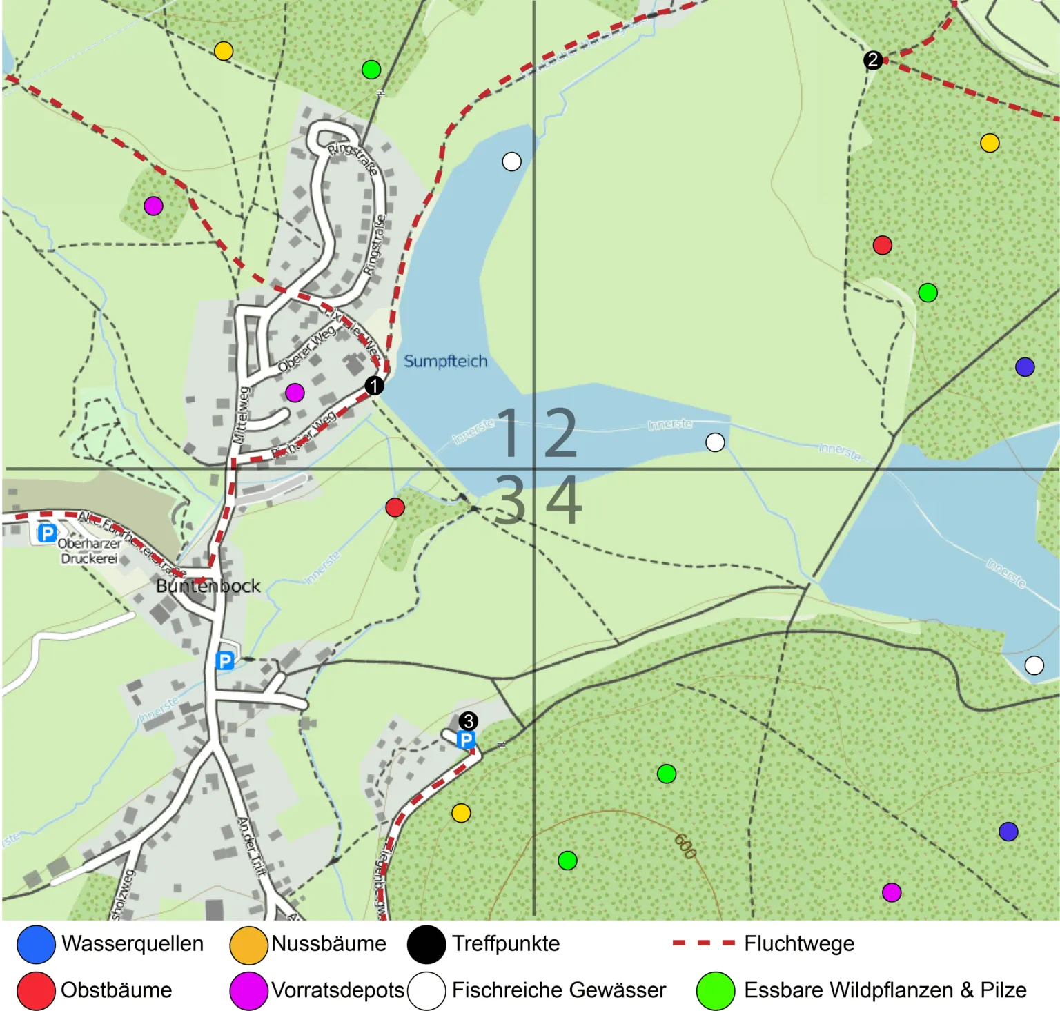 Eine Karte, auf der wichtige Wegmarken, strategische Punkte, Ressourcen, Wasserquellen und mehr eingezeichnet sind.