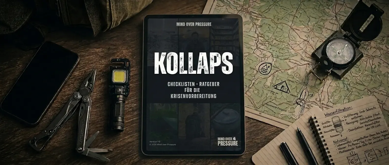 KOLLAPS – Checklisten-Ratgeber für die Krisenvorbereitung als E-Book auf einem Tablet
