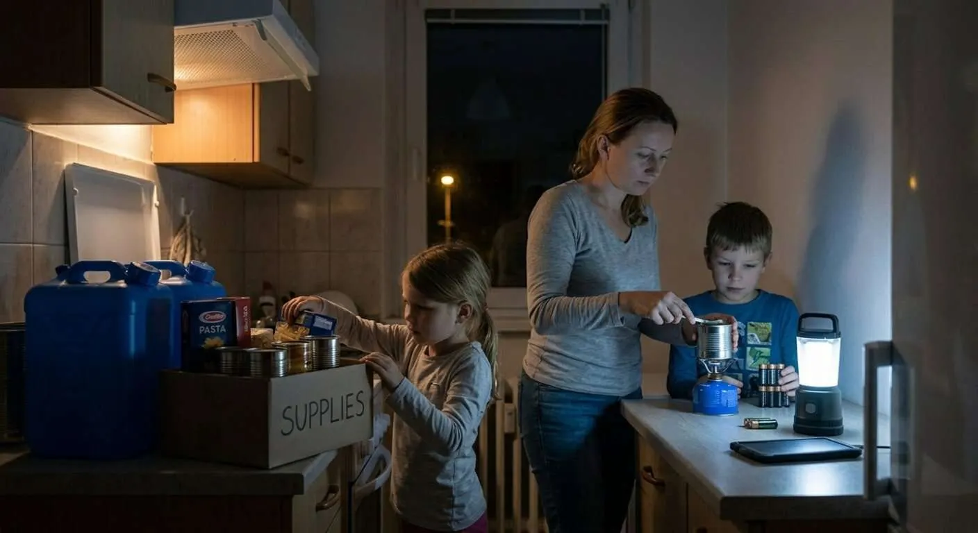 Eine Mutter mit ihren beiden Kindern beim Kochen während eines Stromausfalls. Sie sind gut vorbereitet und haben alles Zuhause, was sie jetzt brauchen, um sich bis auf Weiteres selbst zu versorgen.