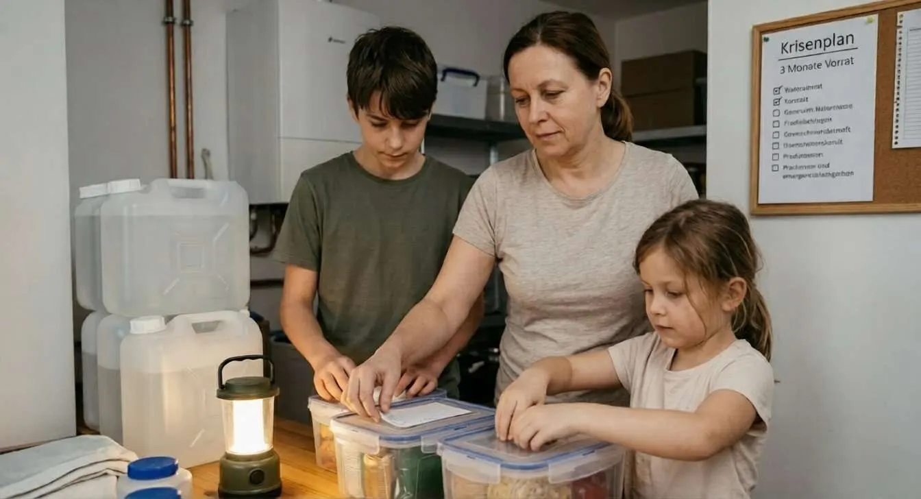 Eine Mutter und ihre zwei Kinder bereiten sich systematisch vor und legen Lebensmittelvorräte, Wasservorräte, Hygieneartikel, Medizinisches Equipment und Medikamente, sowie autarke Energieversorgungsmöglichkeiten an.