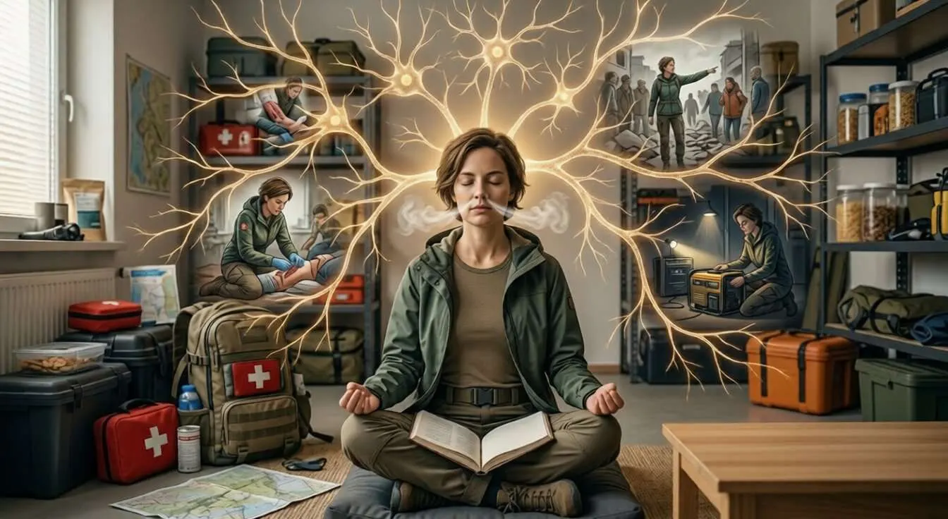 Eine Frau in ihrer Wohnung, im Schneidersitz sitzend in meditativer Pose, umgeben von wichtiger Ausrüstung und Vorräten bei ihrem mentalen Training für Notsituationen.