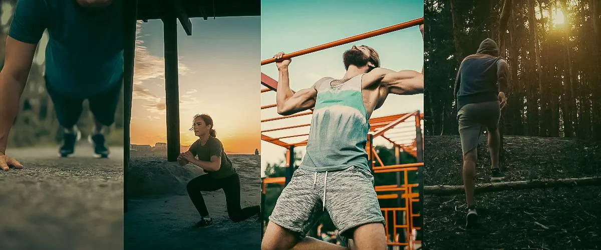 Menschen demonstrieren unterschiedliche Grundübungen für echte Survival Fitness