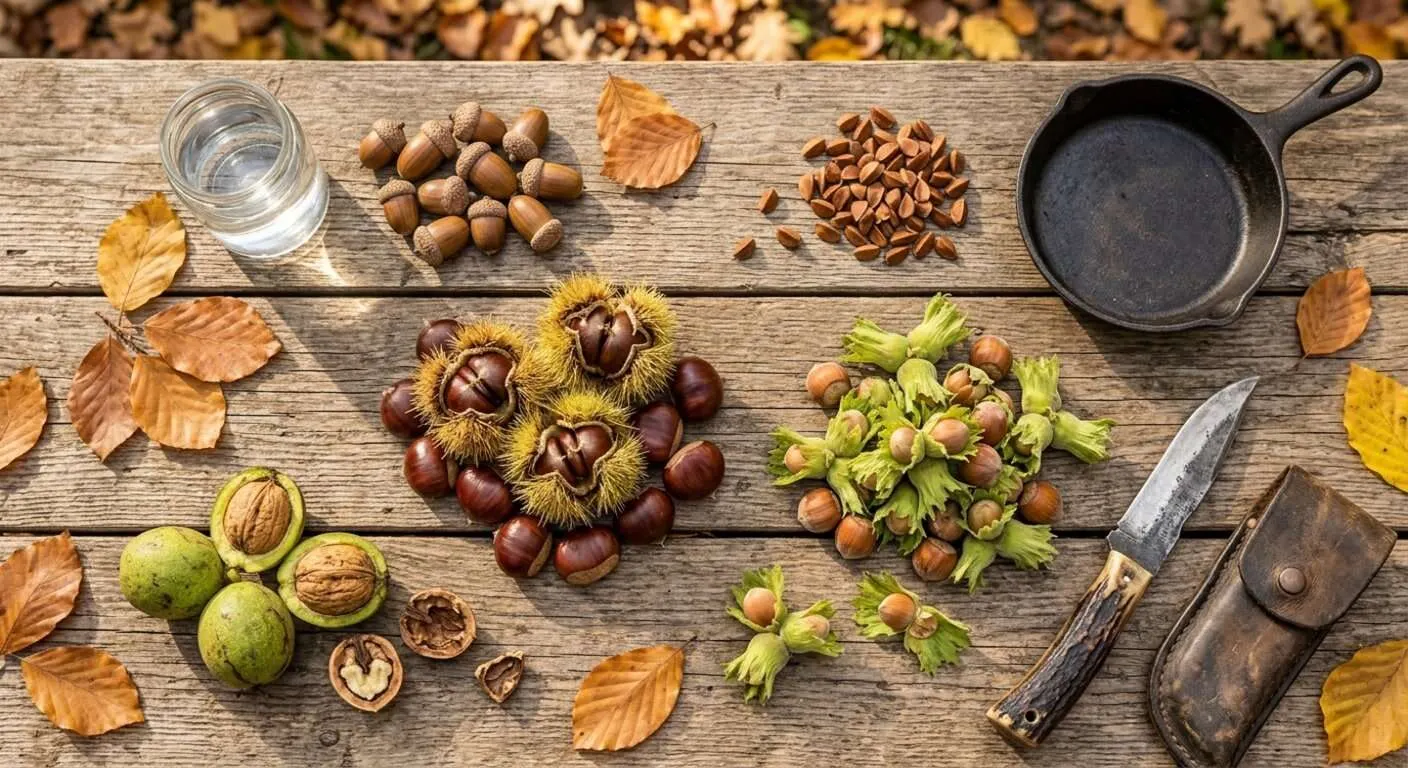 Verschiedene heimische Nussfrüchte bzw. Nüsse von Eicheln, über Walnüsse, Haselnüsse und Kastanien in kleinen Häufchen auf einem Tisch übersichtlich platziert.