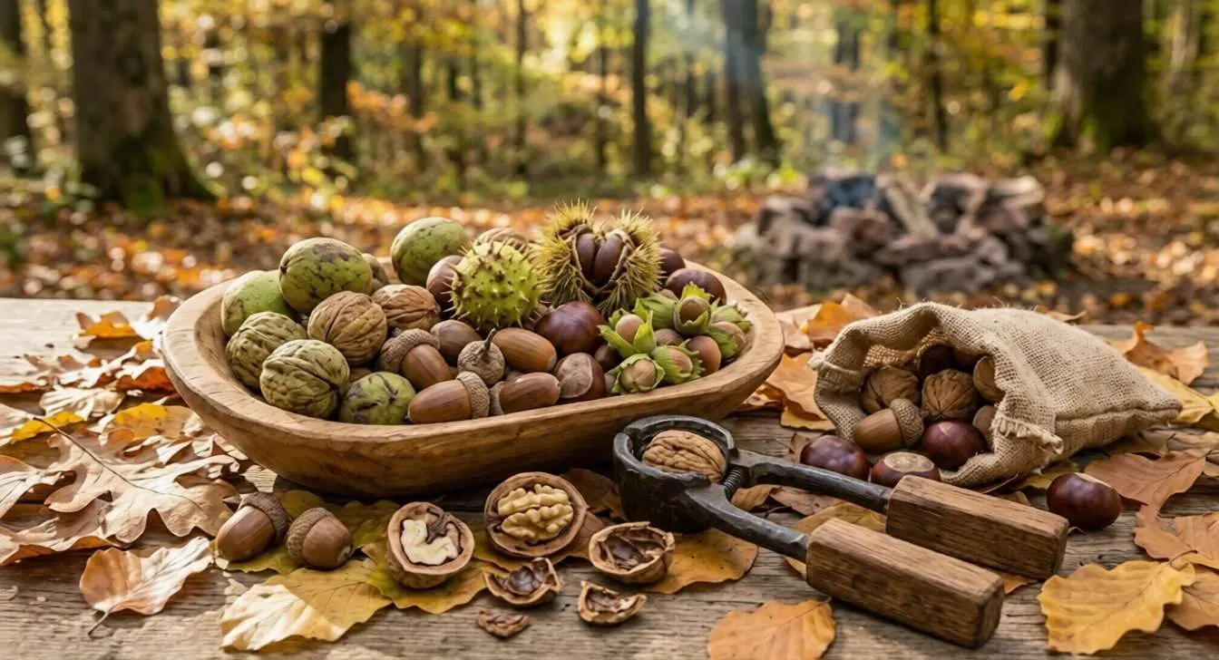 Essbare Kastanien und andere Nussfrüchte wie Walnüsse in einer flachen Schale auf einem Tisch und ein Nussknacker liegt daneben.