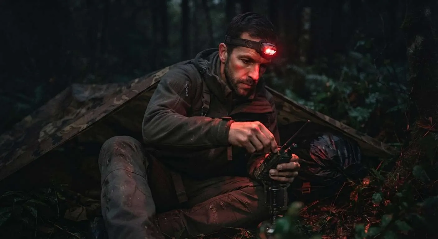 Ein Mann mit einer Rotlicht-Stirnlampe an seinem Lagerplatz. Sein naturfarbenes Tarp-Zelt ist flach am Boden aufgespannt, sodass es gerade zum Liegen ausreichend ist und unauffällig mit der dichten Vegetation des Waldbodens harmoniert. Er stellt etwas an seinem Funkgerät ein.