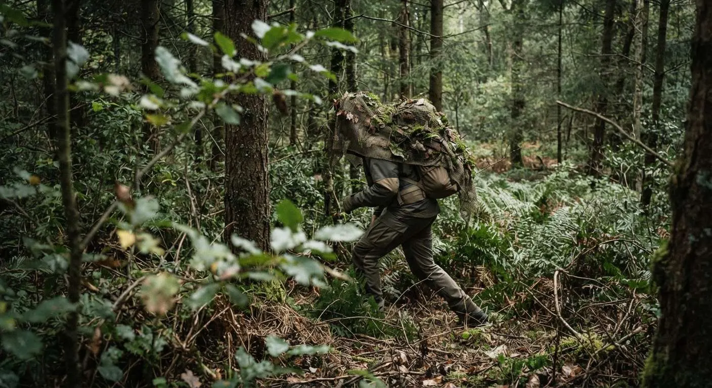 Ein Mann im Unterholz mit schwerer Ausrüstung. er ist als Greyman unterwegs, relativ unauffällig und solange er sich so durch den Wald bewegt, hat er sich eine modulare Tarnung aus Naturmaterialien übergeworfen, um seine Konturen zu kaschieren.