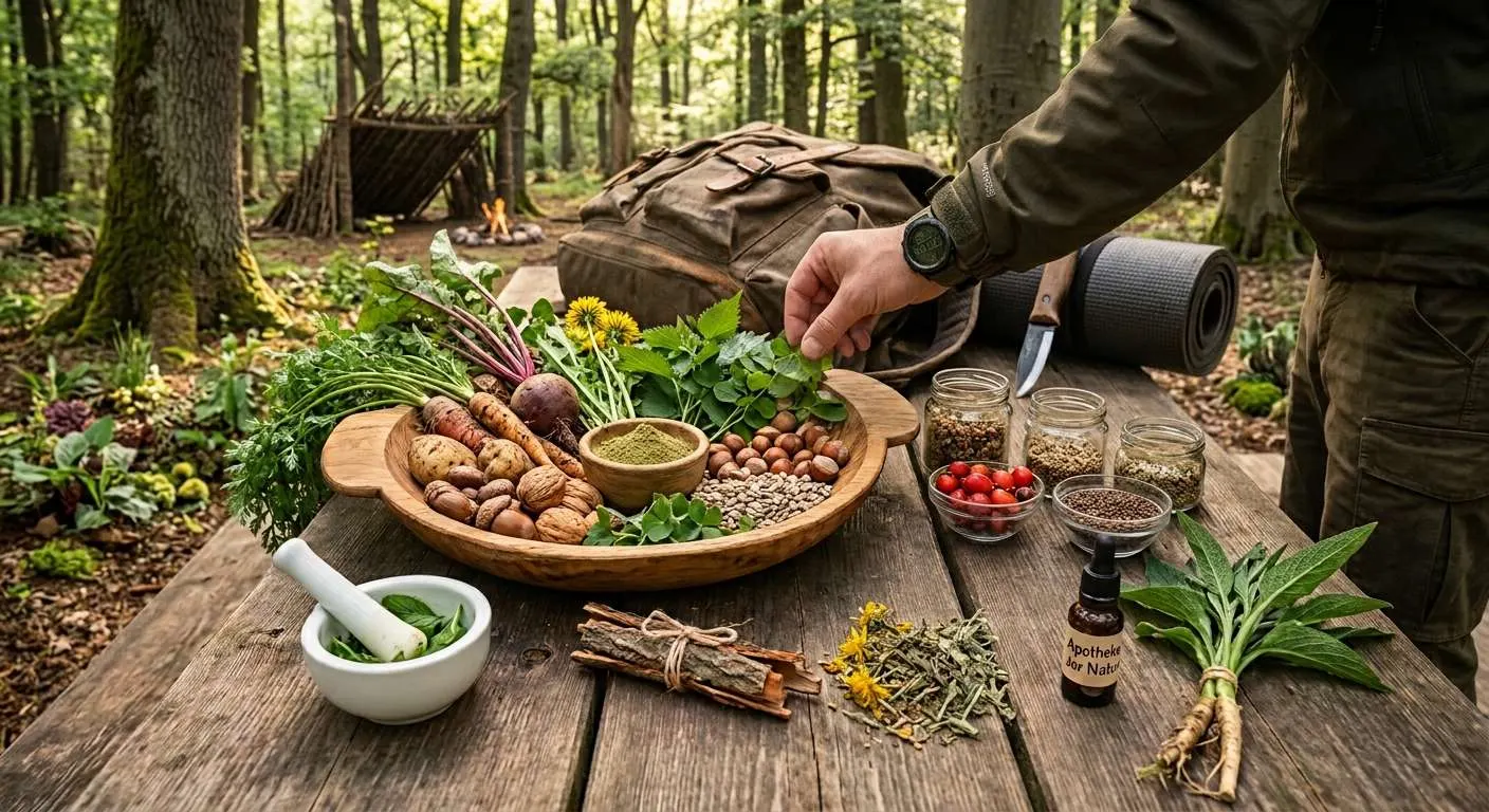 Ein Mann sortiert verschiedene gesammelte Pflanzen nach verschiedenen Nährwerten und Heileigenschaften auf einem Tisch in seinem Waldlager.