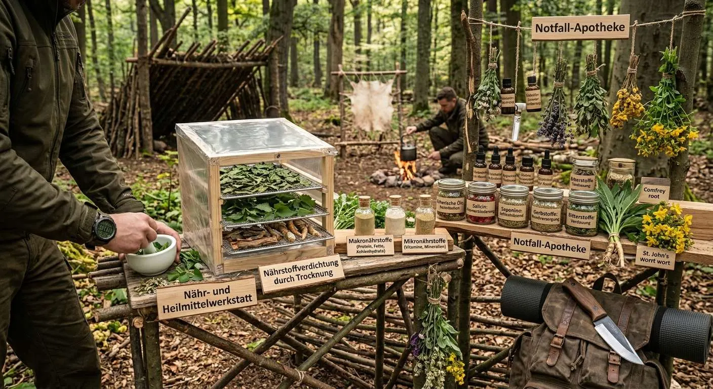 In einem Waldlager stellen zwei Männer unterschiedliche Dinge her. Im Vordergrund steht ein Mann neben zwei Tischen auf denen verschiedene Heil und Nahrungsmittel aufgestellt und darüber aufgehängt sind. Auch ein Dörrgerät zum Trocknen von Pflanzenmaterial ist zu sehen. Im Hintergrund sitzt ein Mann am Feuer und bereitet das Essen.