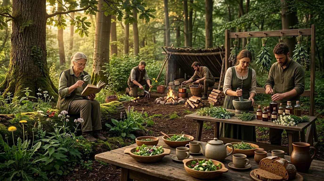 Vegan Survival Pflanzenkunde: Eine Gruppe von Menschen in der Wildnis beim analysieren, verwerten und anwenden der Survival Pflanzenkunde.