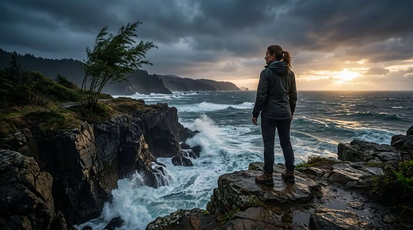 Eine stürmische Küstenlandschaft mit vielen Felsen und Klippen bei Sonnenuntergang. Eine Frau steht an einer Klippe und blickt dem unruhigen Terrain entgegen.