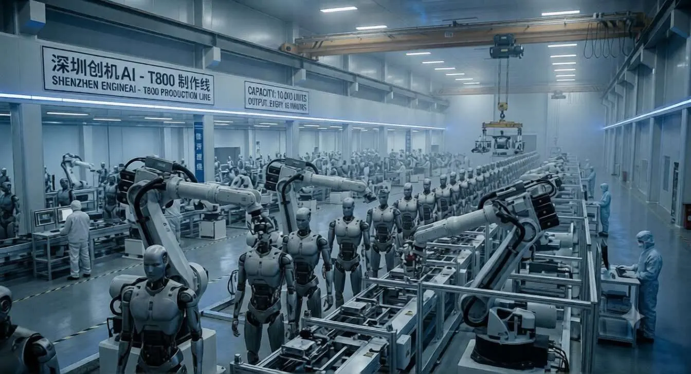Dieses Bild zeigt die Massenproduktion von Robotern im Minutentakt wie es bereits aktuell der Fall ist und skizziert damit die Ausmaße der Robotik und Hochtechnologie wie sie viele Menschen nicht einmal zu träumen wagen.