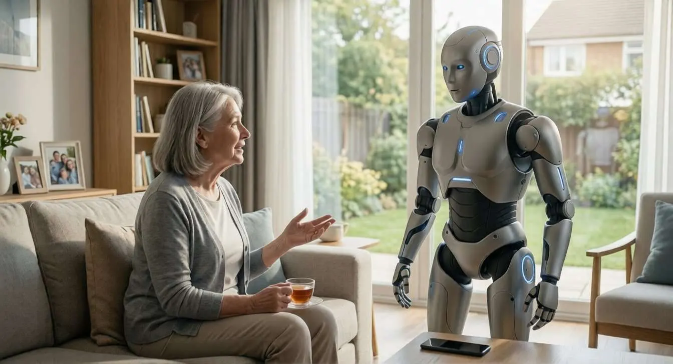 Ein Roboter neben einer alten Frau, die sich gemeinsam zu unterhalten scheinen. Ein Eindruck dessen, wie es in Zukunft vielleicht tatsächlich passieren könnte.