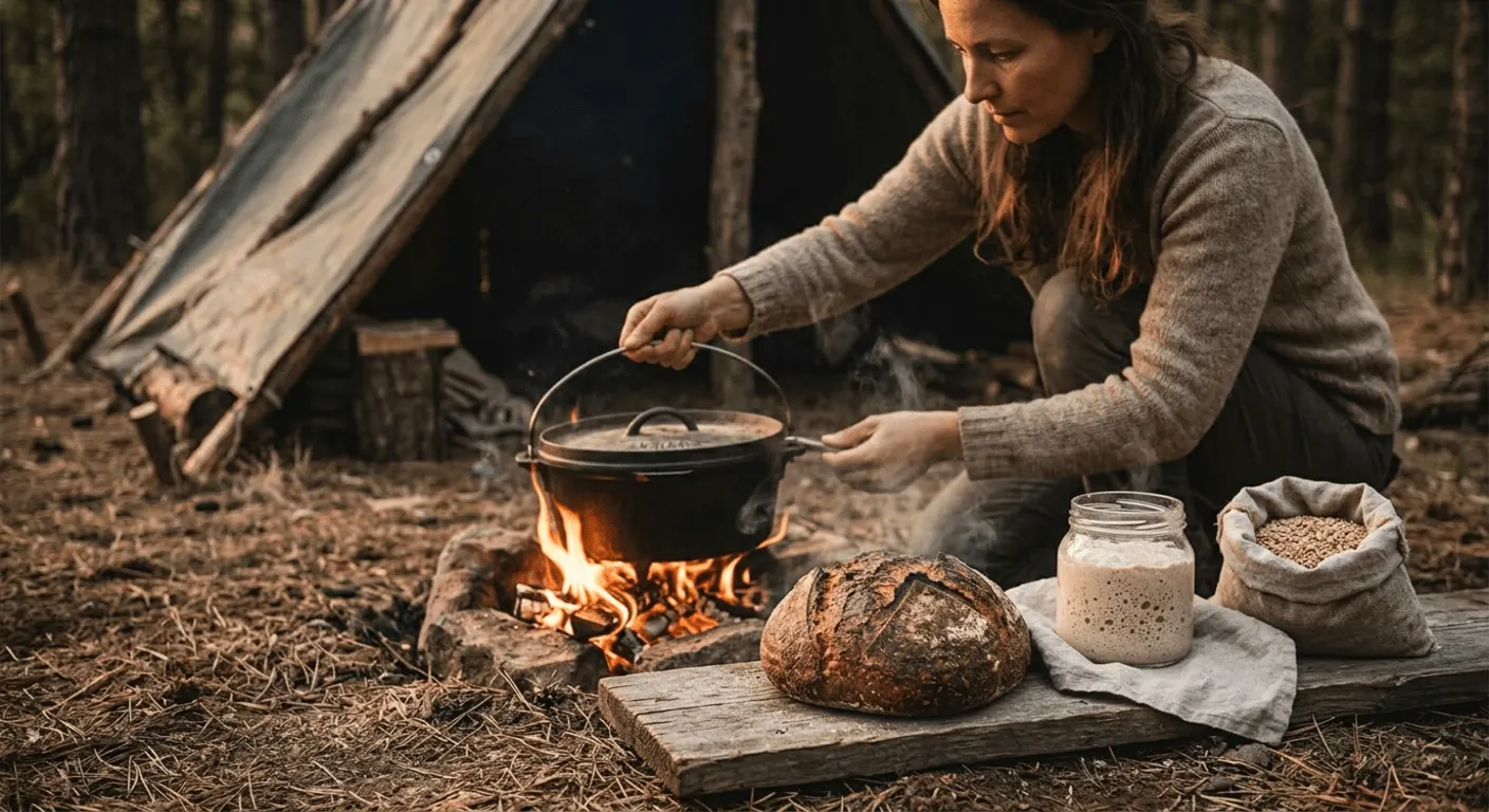Eine Frau am Lagerfeuer, die einen Gusseisen-Topf über das Feuer hängt. Neben ihr liegen fertige Sauerteigbrote und andere erzeugnisse und Zutaten.