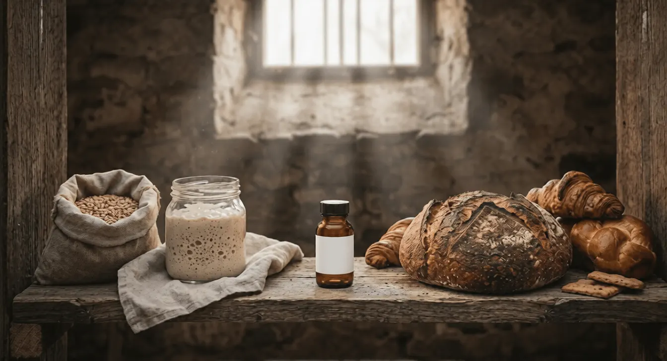 Ein Tisch, auf dem Brote, Mehl und Zutaten für Sauerteig und eine Flasche, in der wahrscheinlich fertiger Sauerteig-Starter enthalten ist.