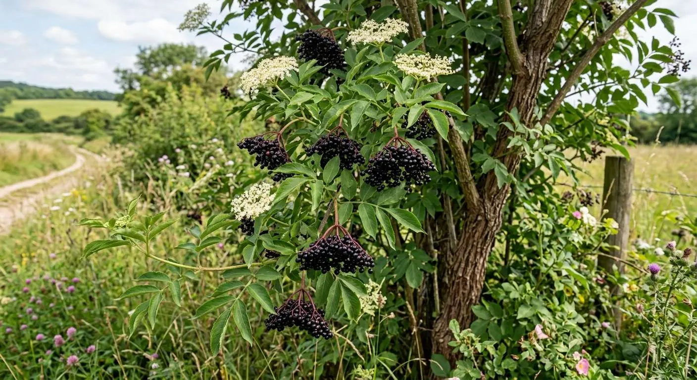 Der schwarze Holunder in natürlicher Umgebung. Die schwarzen Beeren liefern reichlich Kalorien und sekundäre Pflanzenstoffe und sind heilsam bei leichten Infektionen, Fieber und Atemwegserkrankungen.