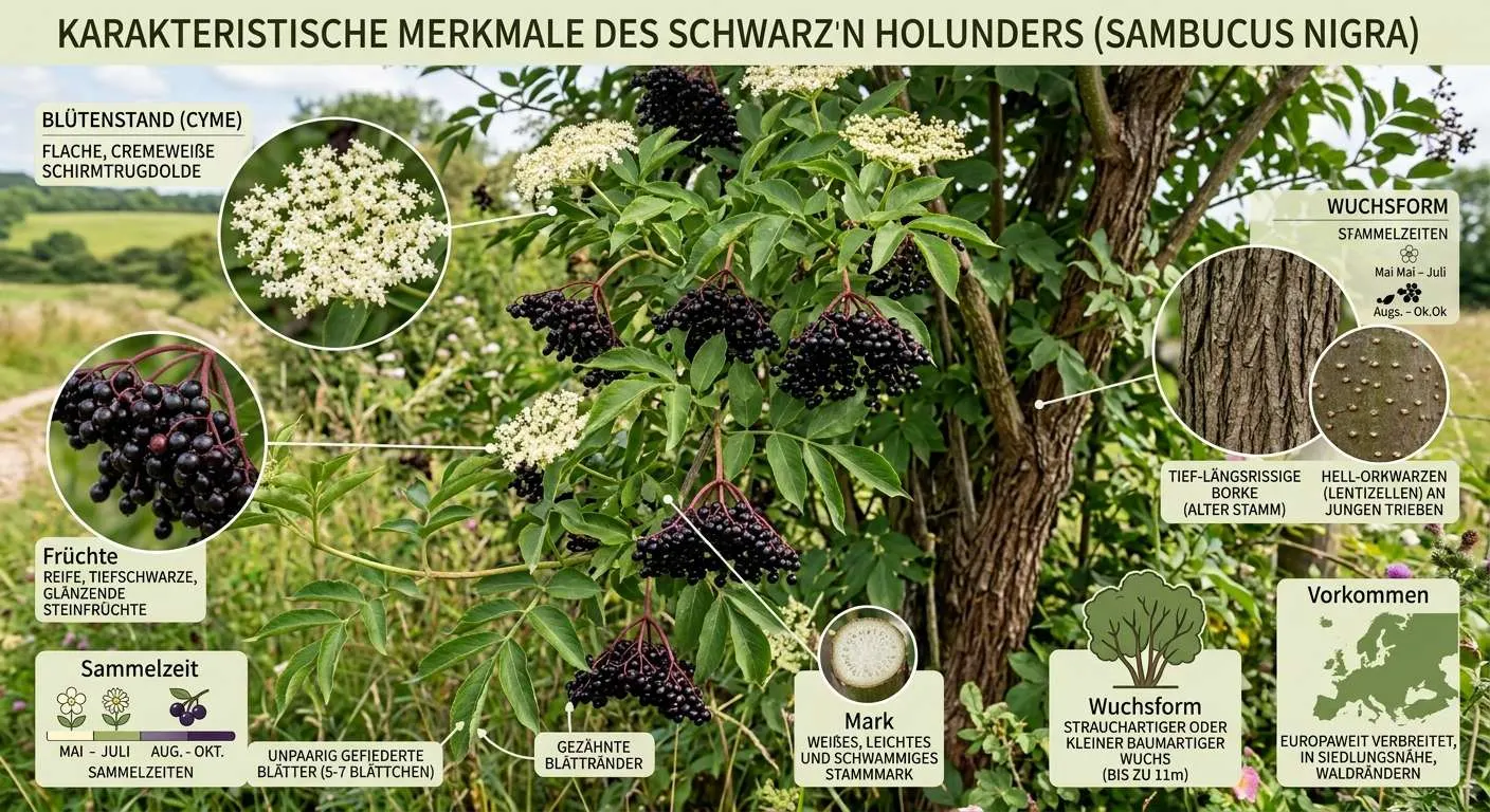 Die Identifikationsmerkmale des schwarzen Holunders anhand natürlichen Auftretens veranschaulicht.