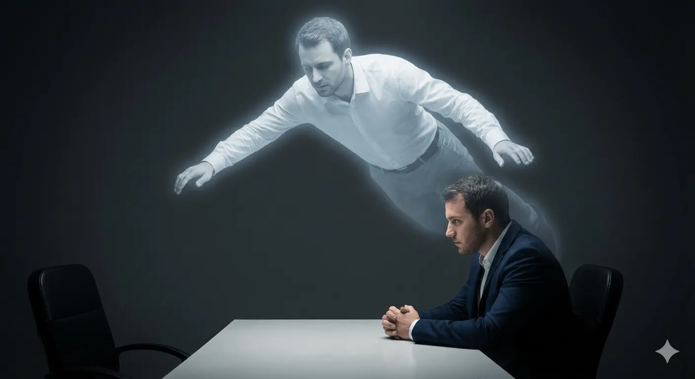 Ein Mann in astraler Projektion über sich selbst schwebend. Dies stellt die Meta Ebene dar, auf die man sich geistig begeben kann, um einen besseren Überblick der Lage zu gewinnen und Manipulationen aufzuspüren.