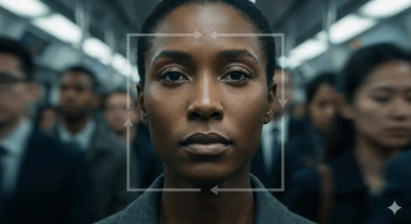 Eine afroamerikanische Frau als Portraitbild, welches biometrisch gescannt wird