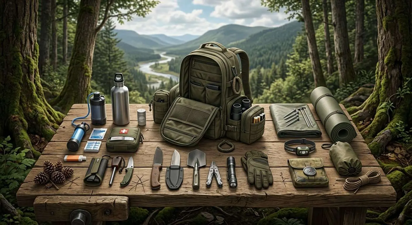Ein ausgepackter Fluchtrucksack für 72 Stunden. Die Ausrüstungsgegenstände liegen auf einem Tisch verteilt und im Hintergrund ist eine Flusslandschaft und Gebirge zu sehen.