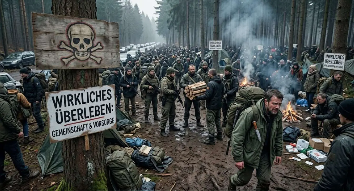 Eine Menschenmenge, die Zuflucht in einem Waldstück vor einer Krisenlage in der Stadt sucht. Einige versuchen anderen zu helfen, die meisten suchen Zuflucht und Schutz.