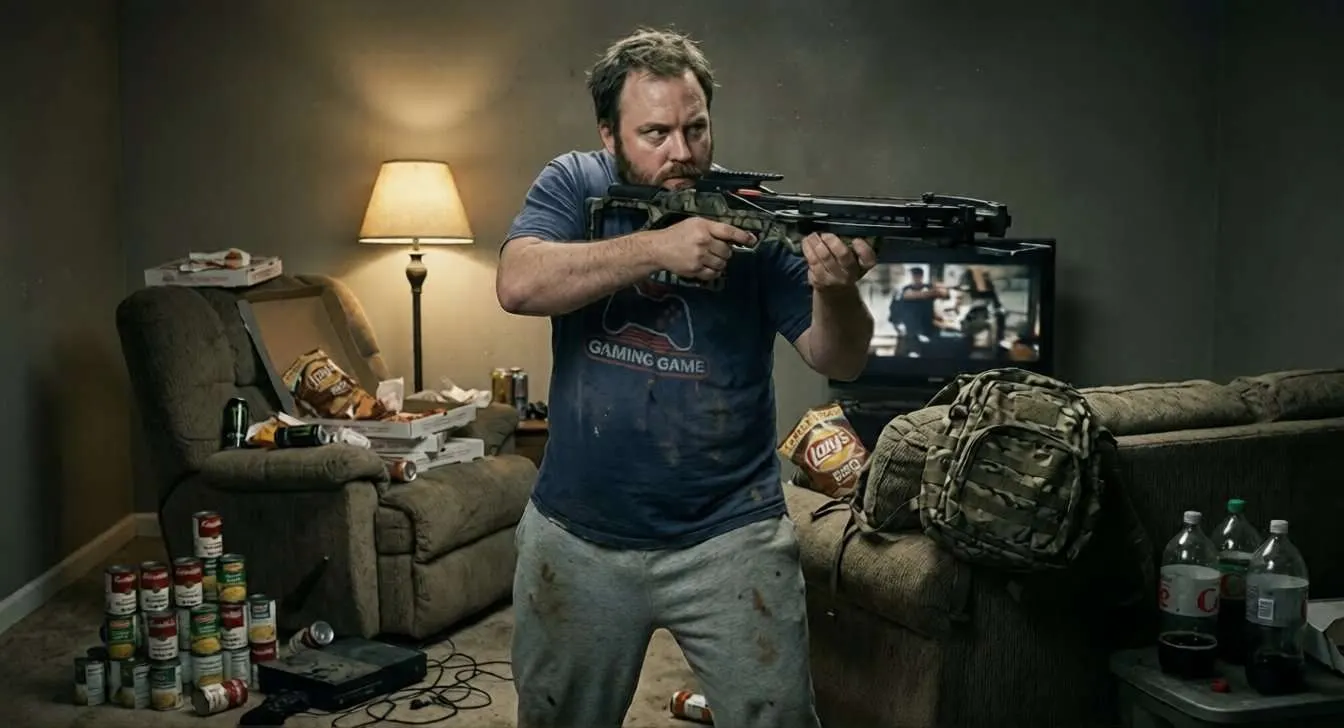 Ein Mann in seinem Wohnzimmer, der eine Armbrust hält und sich vorkommt wie in einem Actionfilm, dabei ist er in Wahrheit ein Couch Potato.