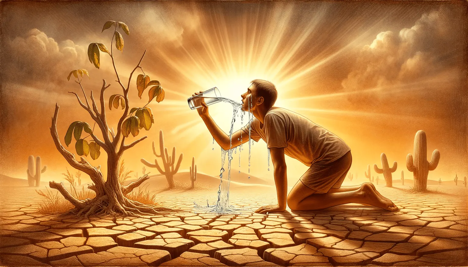 Ein verdurstender Mann in der Steppe, welcher etwas Wasser trinkend auf dem Boden kniet.